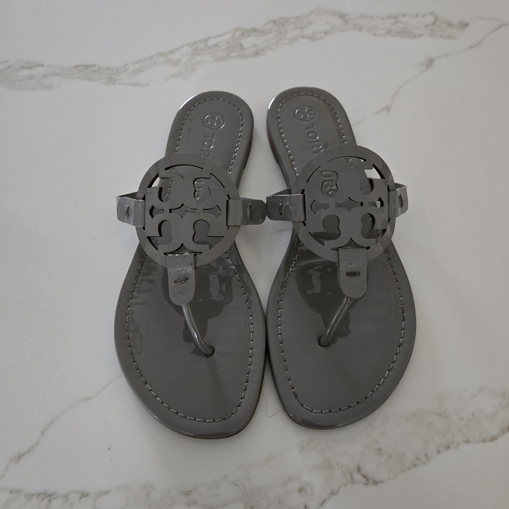 Tory Burch Gray Patent Logo Thong Sandals